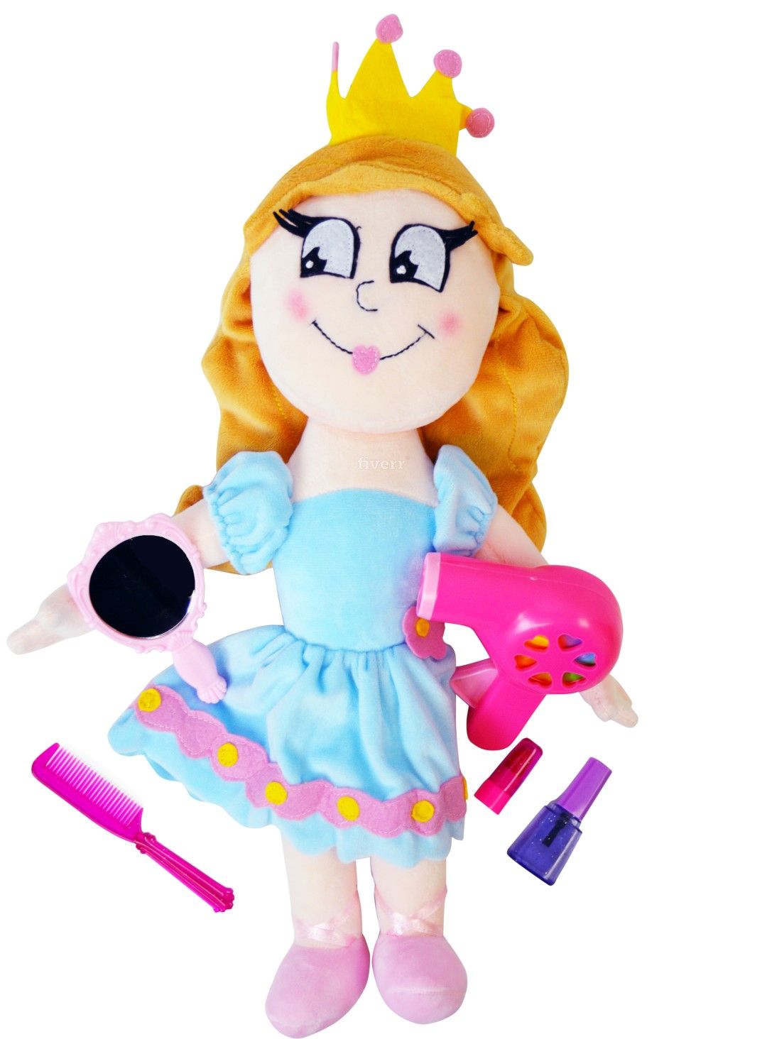 Select to view 'Plush princess doll dressed in blue with yellow crown, holding pink toy hairdryer and mirror, accompanied by purple and pink toy lipsticks and comb.' image